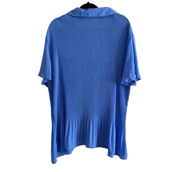 Woman Within Button Front Short Sleeve Blouse Accordion Pleats Blue Size L 18/20 - Picture 2 of 7